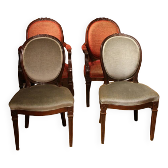 Lot de 4 chaises de salle à manger antiques en acajou Louis Seize 1780-1810