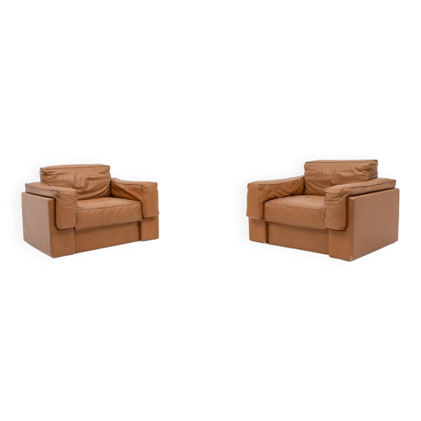 Fauteuils club italiens modernes en cuir cognac