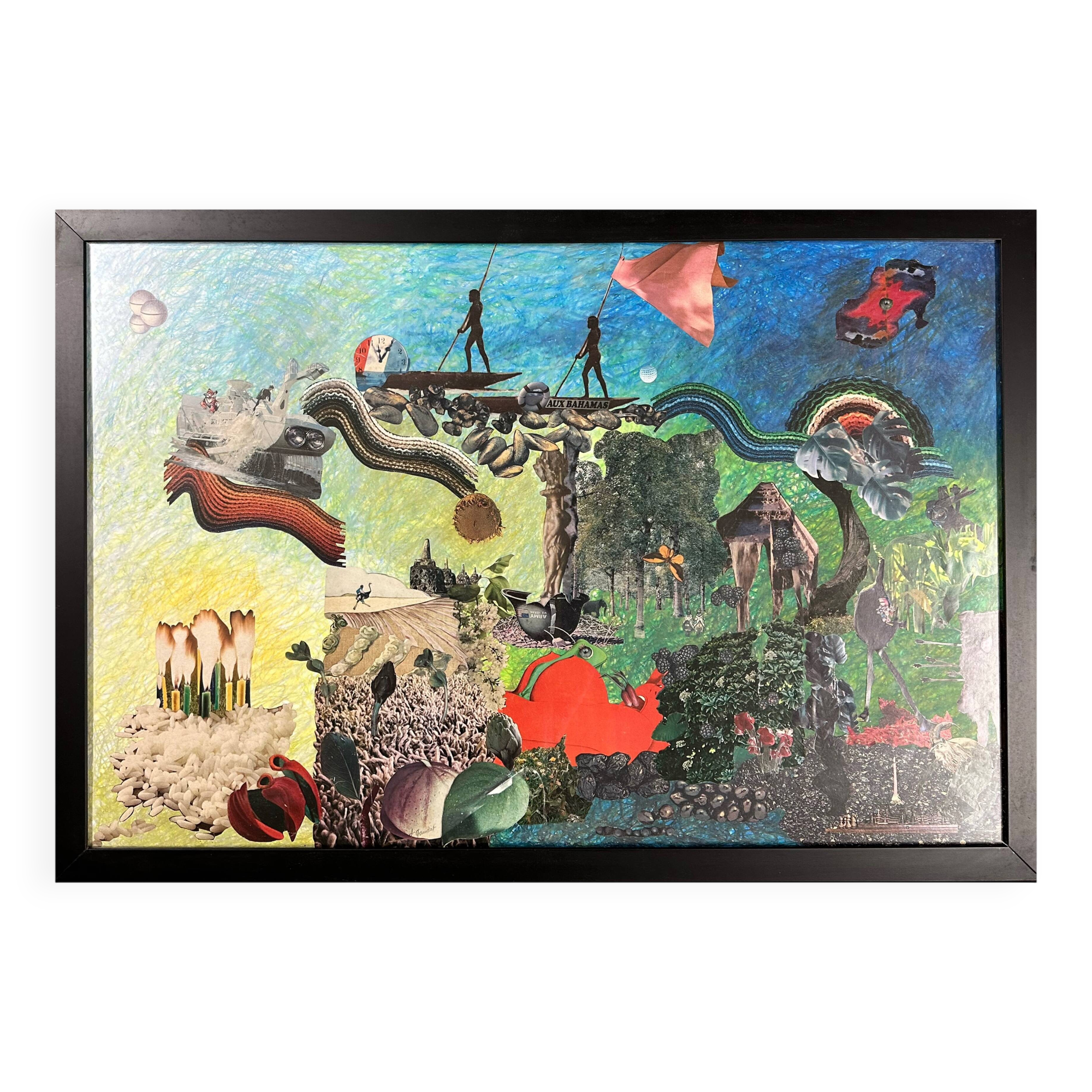 Very large framed surrealist collage by Alain Gaudet 1979