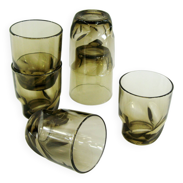 6 gobelets en verre torsadé fumé - Luminarc Arcoroc France - vintage 70