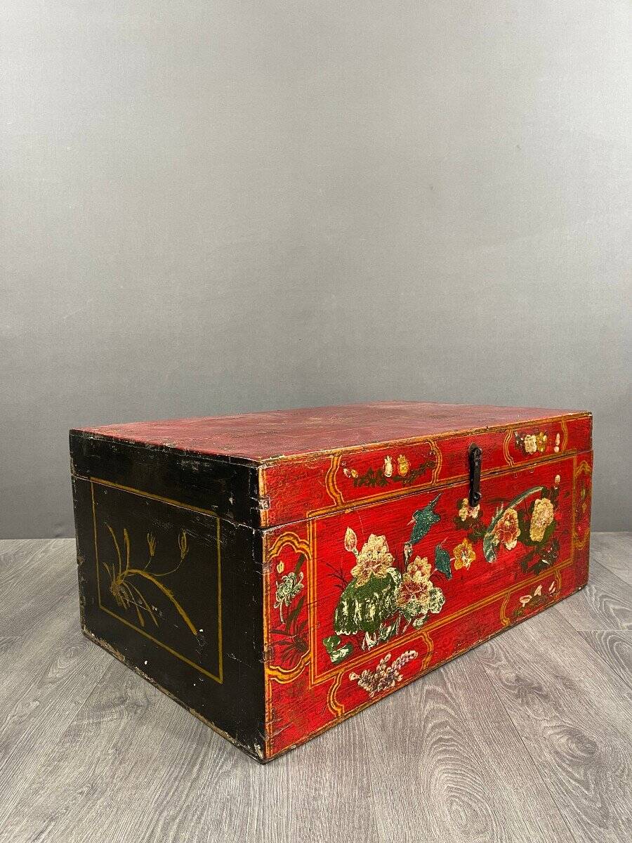 Antique Hand Painted Chest, Floral Decor on Red Background, 19th Century