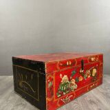 Antique Hand Painted Chest, Floral Decor on Red Background, 19th Century