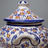 Covered sugar bowl and saucer in ceramic from Alcobaça, Portugal, vintage.