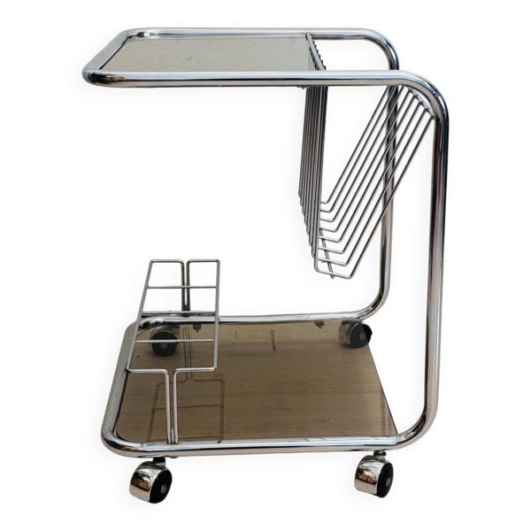 Chariot de bar vintage en cadre de tube chromé avec verre fumé des années 70