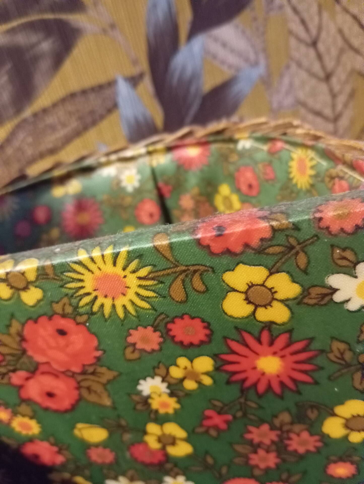 Woven wicker bottle basket. Flower Power. Very good condition.