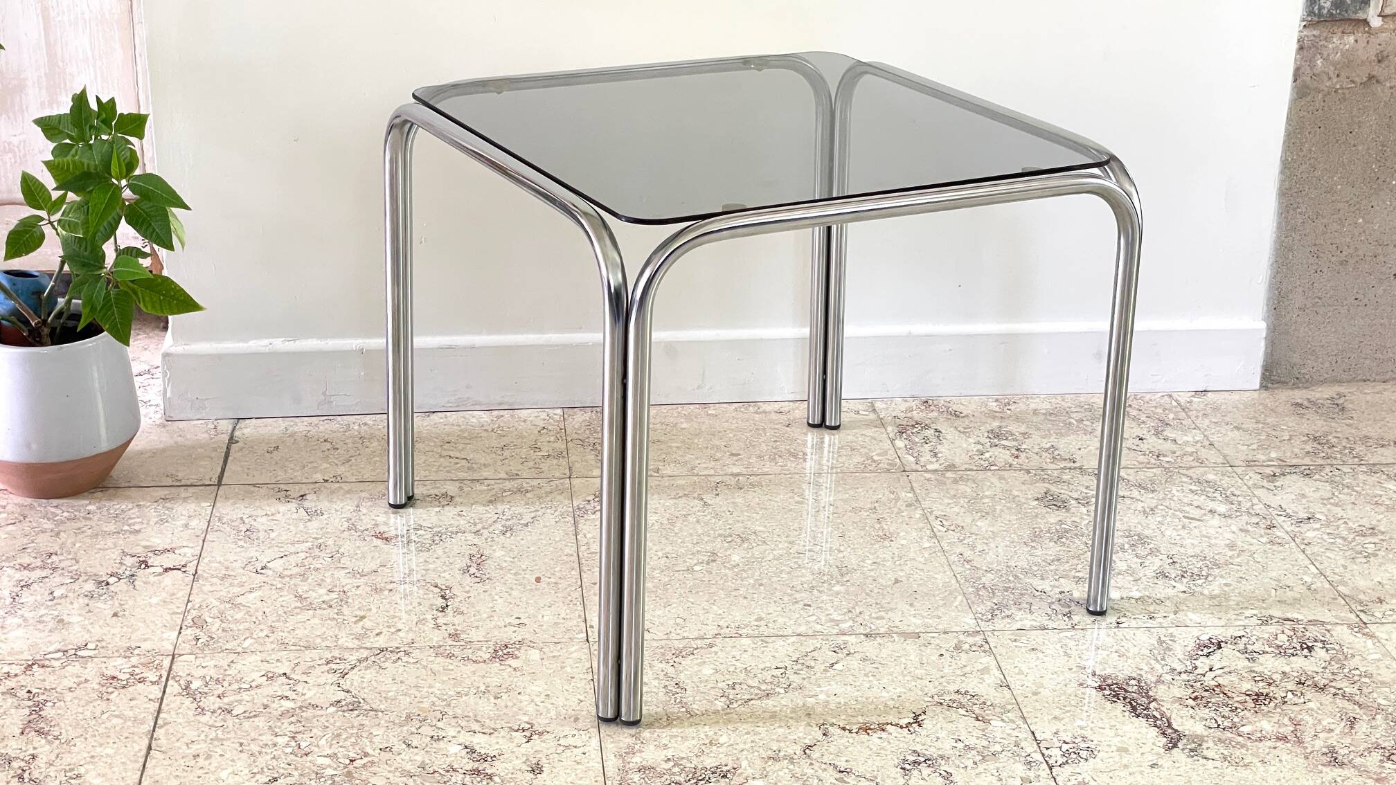 1970s coffee table glass and chrome steel