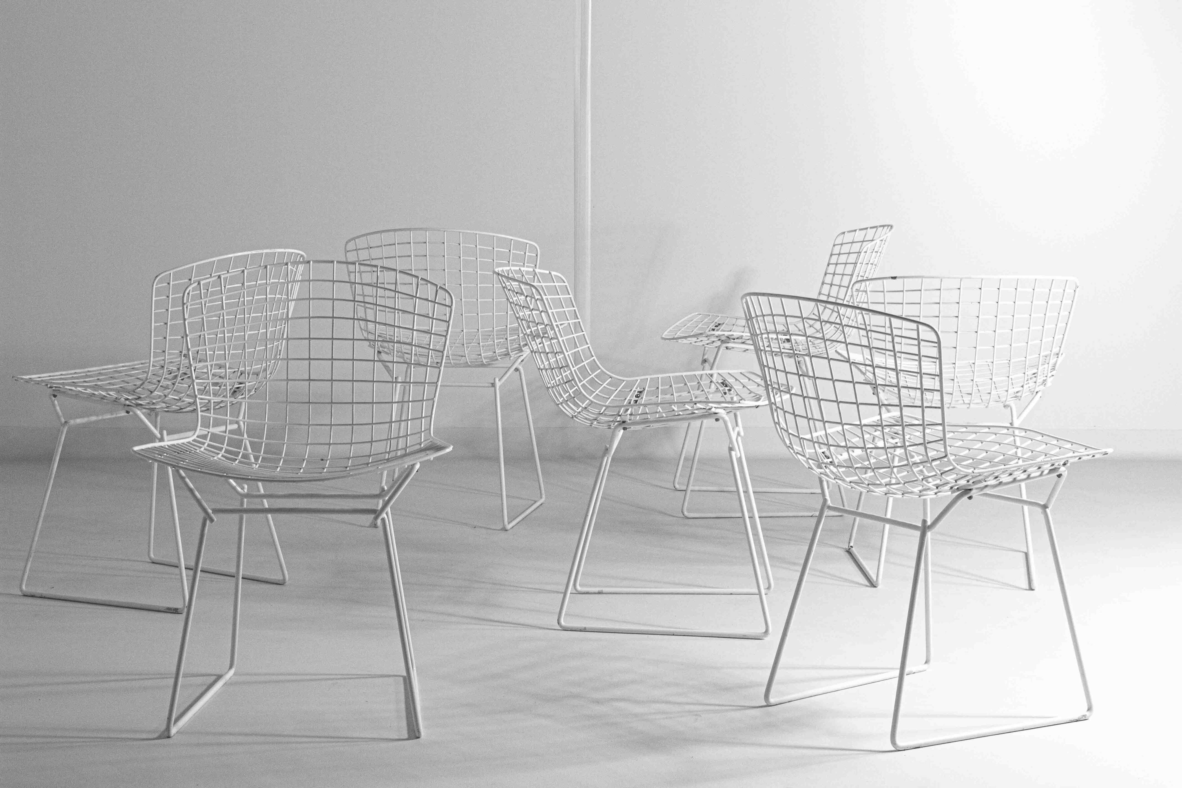 Set of 7 white coated wire chairs by Harry Bertoia for Knoll, 1970s