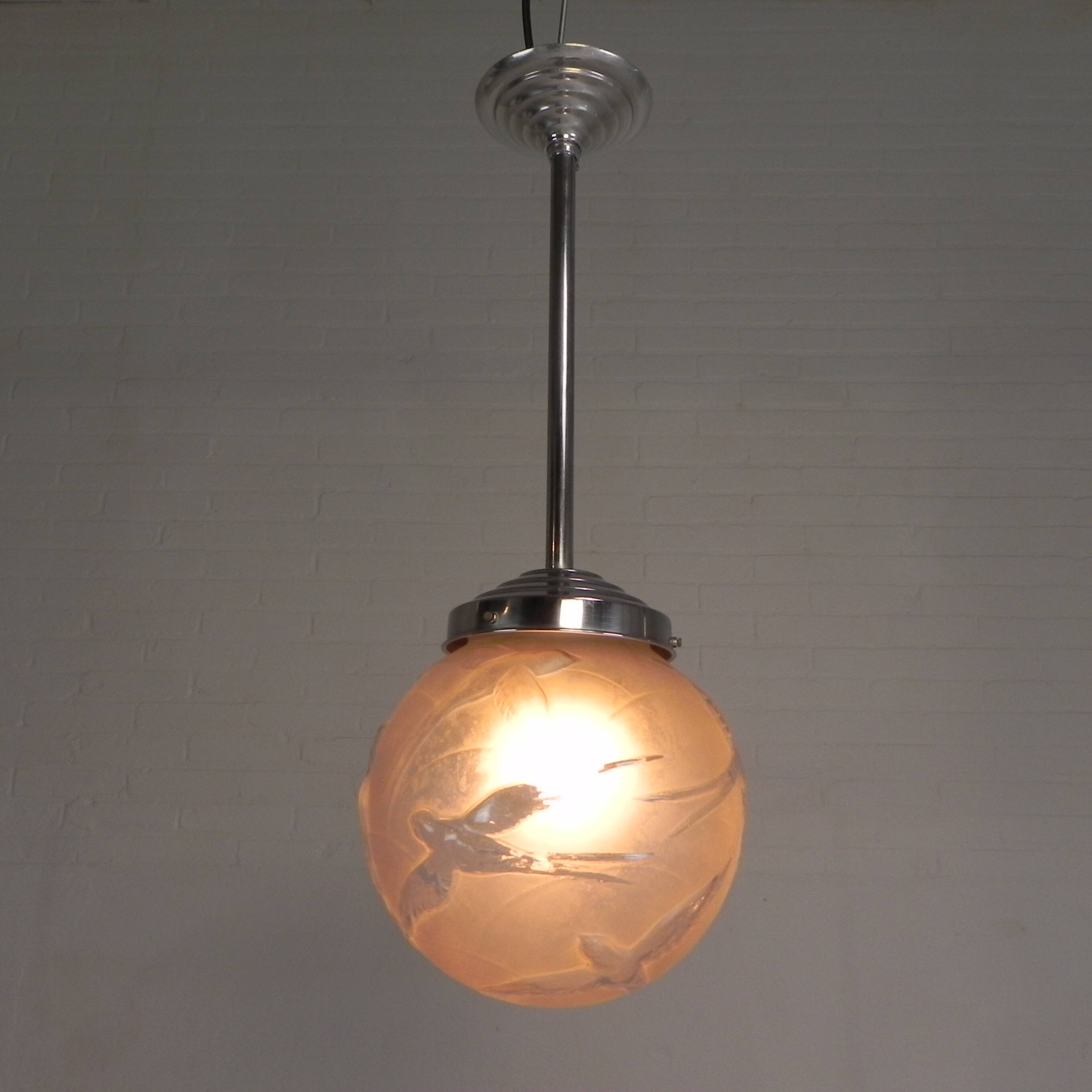 Art Deco pendant light with engraved glass globe and birds, 1930s