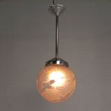 Art Deco pendant light with engraved glass globe and birds, 1930s