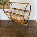 Rattan magazine holder, vintage wicker, rattan newspaper holder and wrought iron