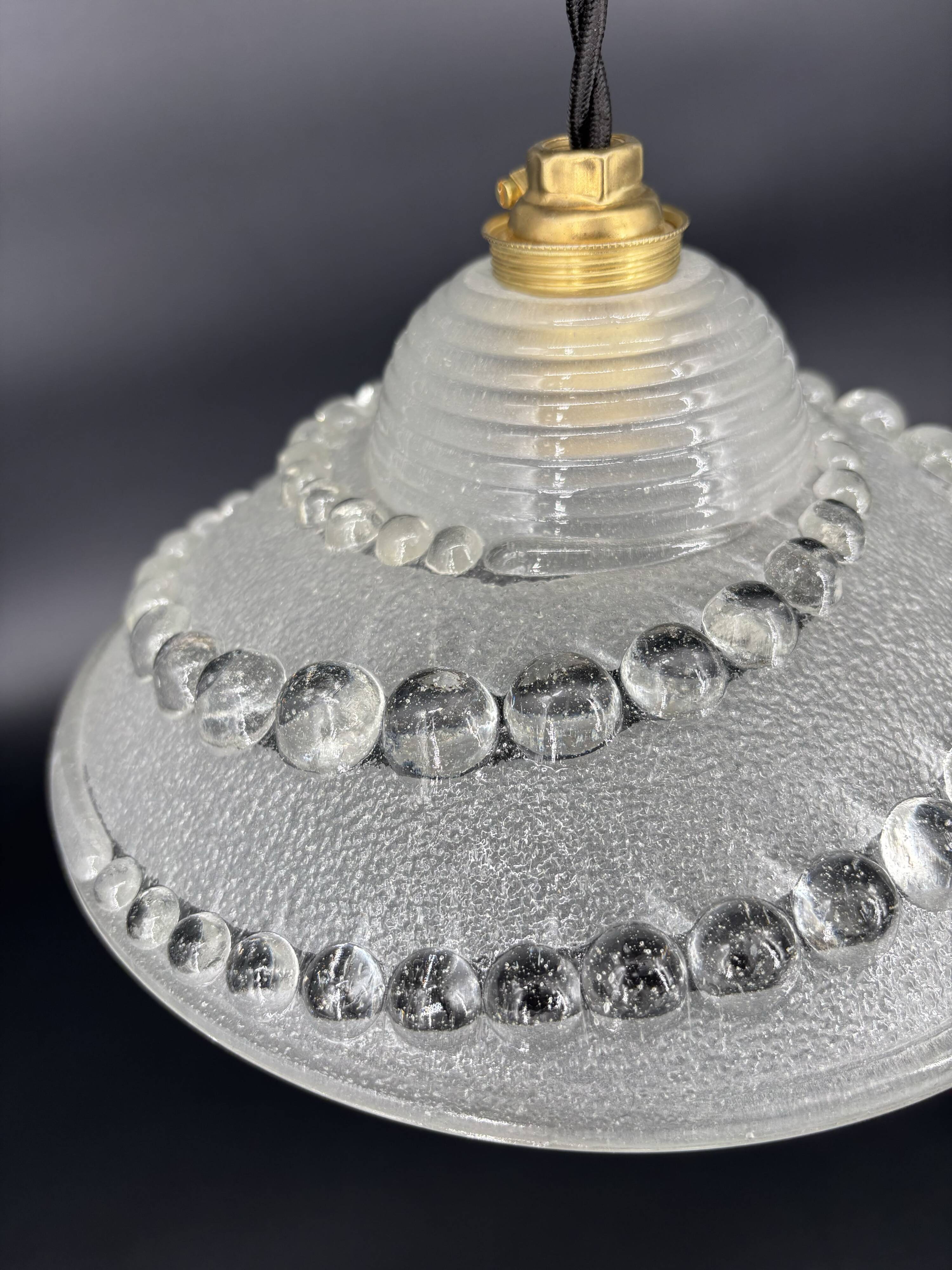 Set of 3 moulded glass pendant lights with cabochons, Art Deco style Ezan.