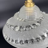 Set of 3 moulded glass pendant lights with cabochons, Art Deco style Ezan.