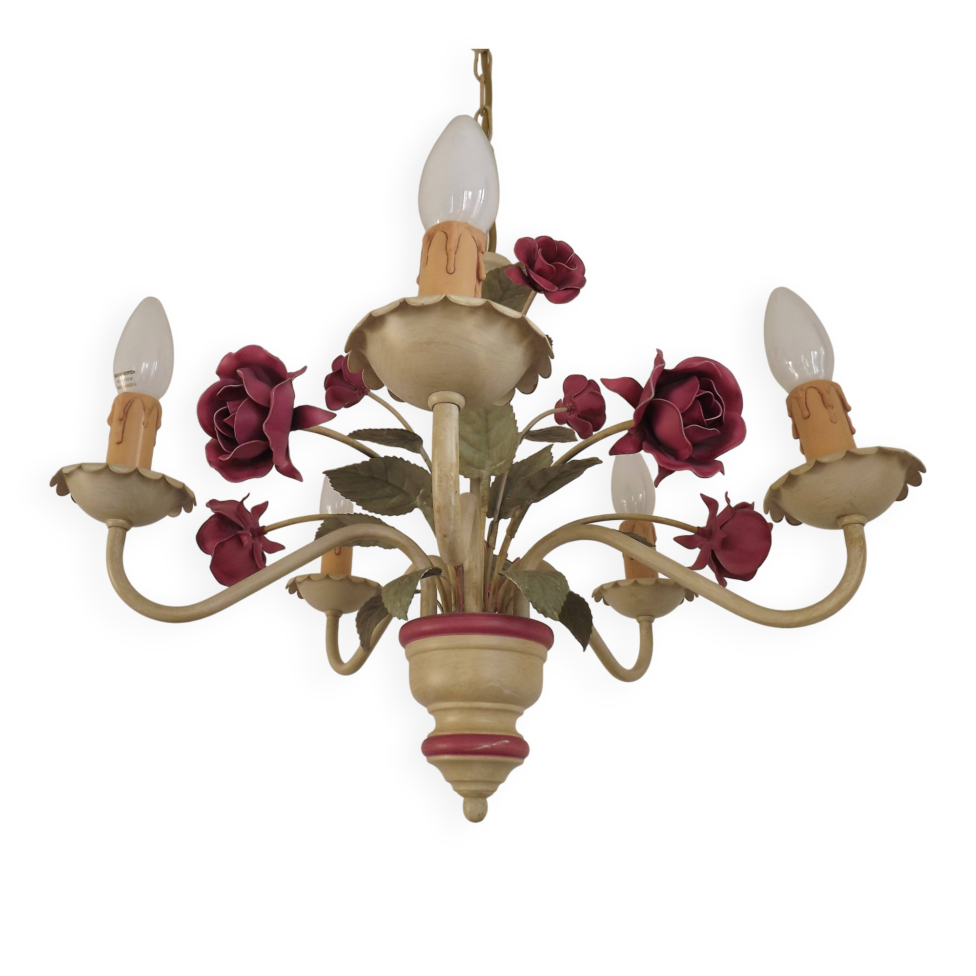 French vintage metal deep pink rose and green leaf 5-light chandelier