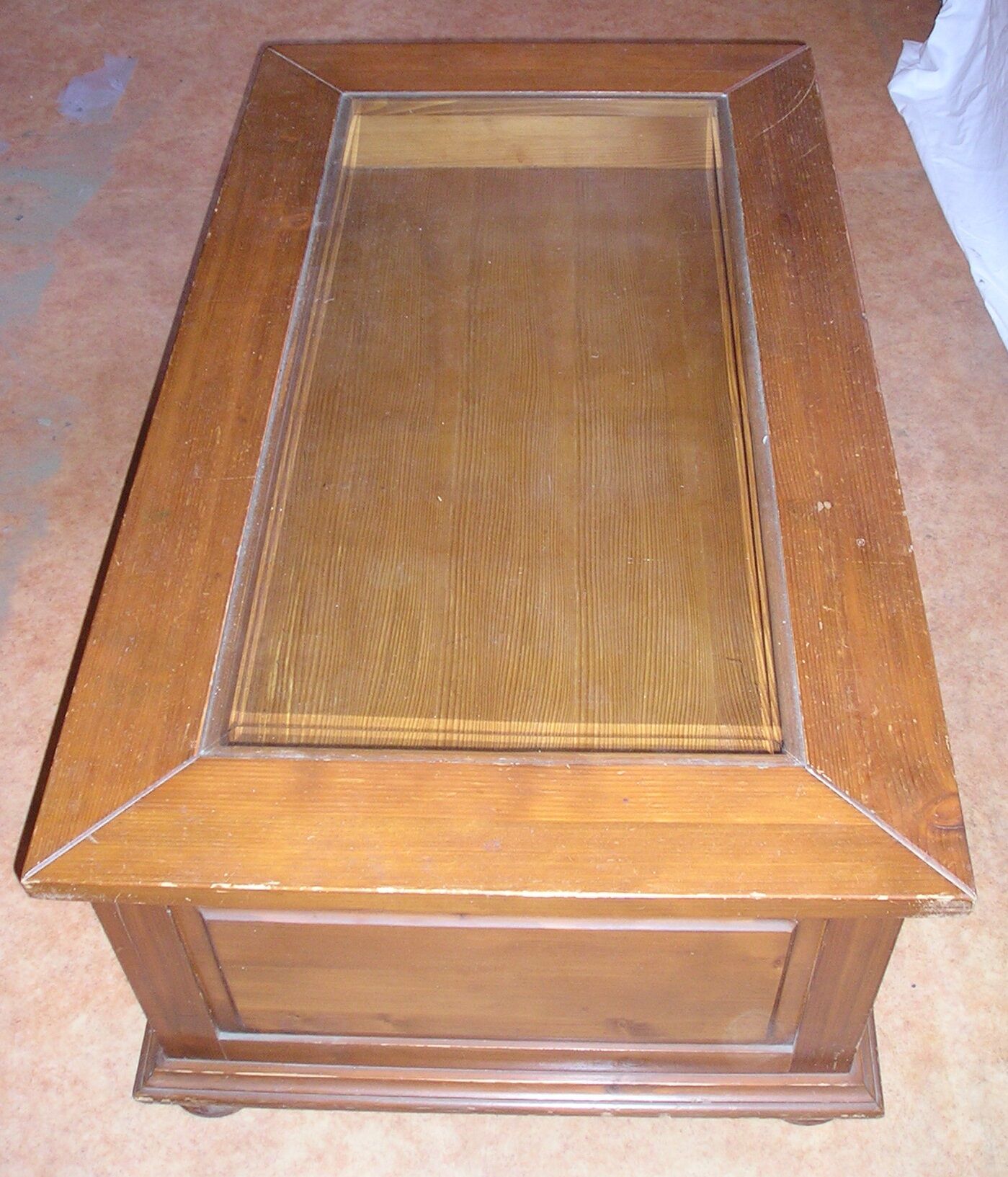Coffee table top beveled glass and 3 drawers through