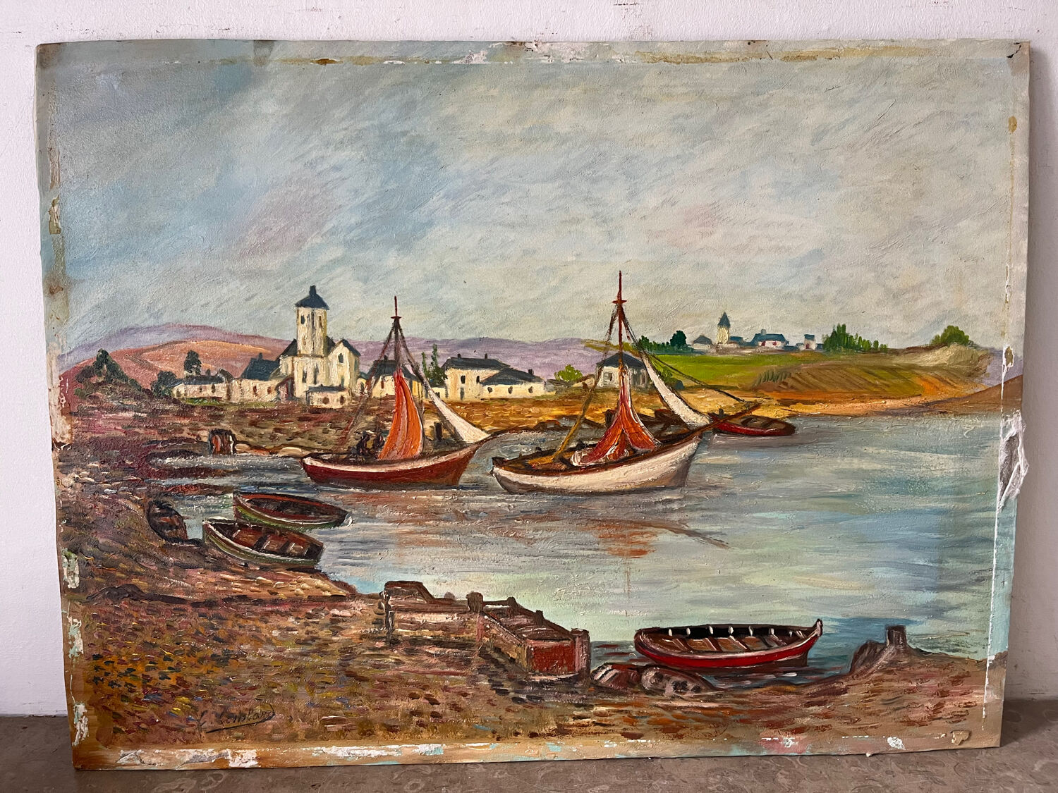 Boats in the small port, signed F. Lombard