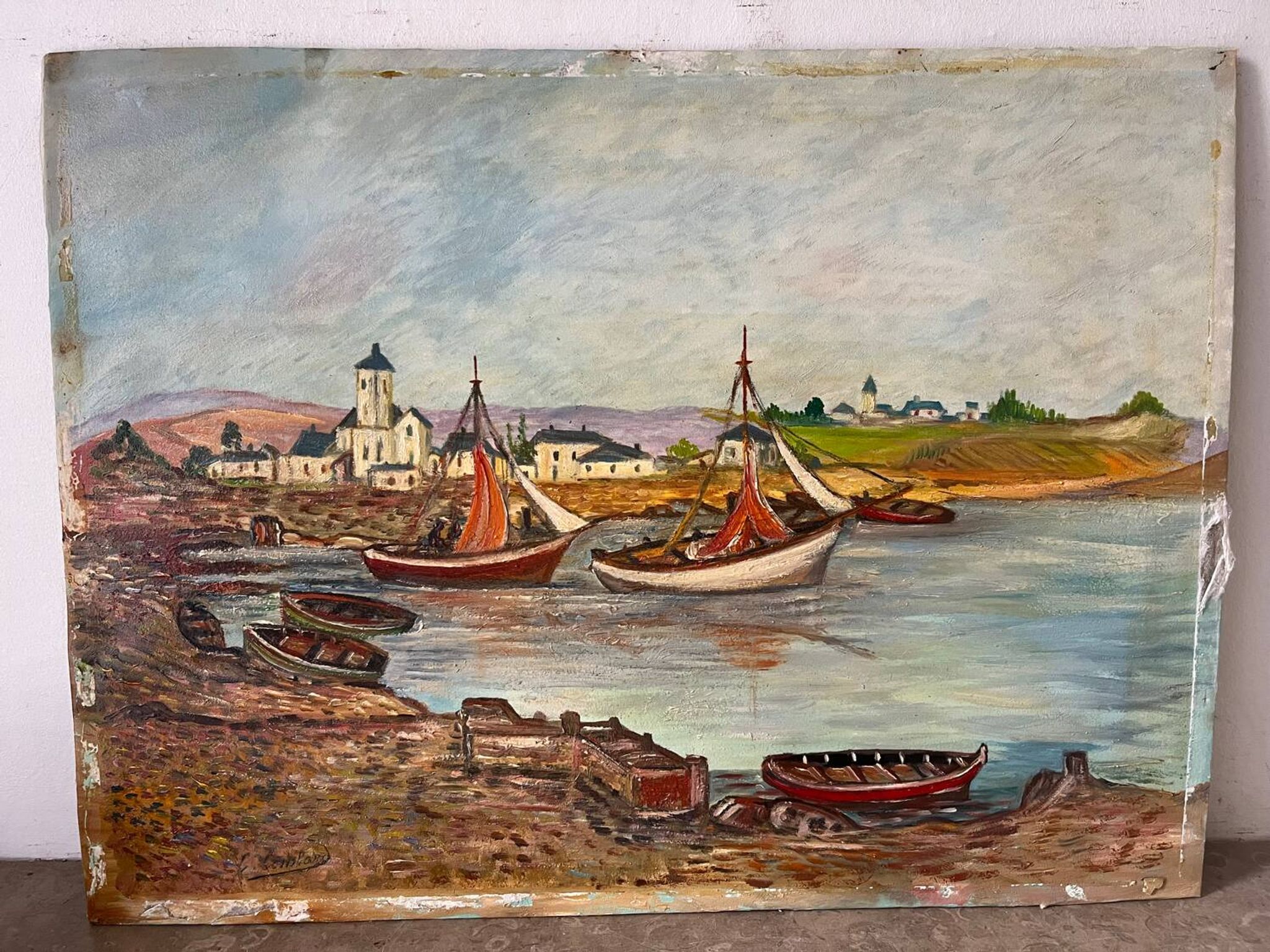 Bateaux au petit port, signé F. Lombard