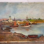 Bateaux au petit port, signé F. Lombard