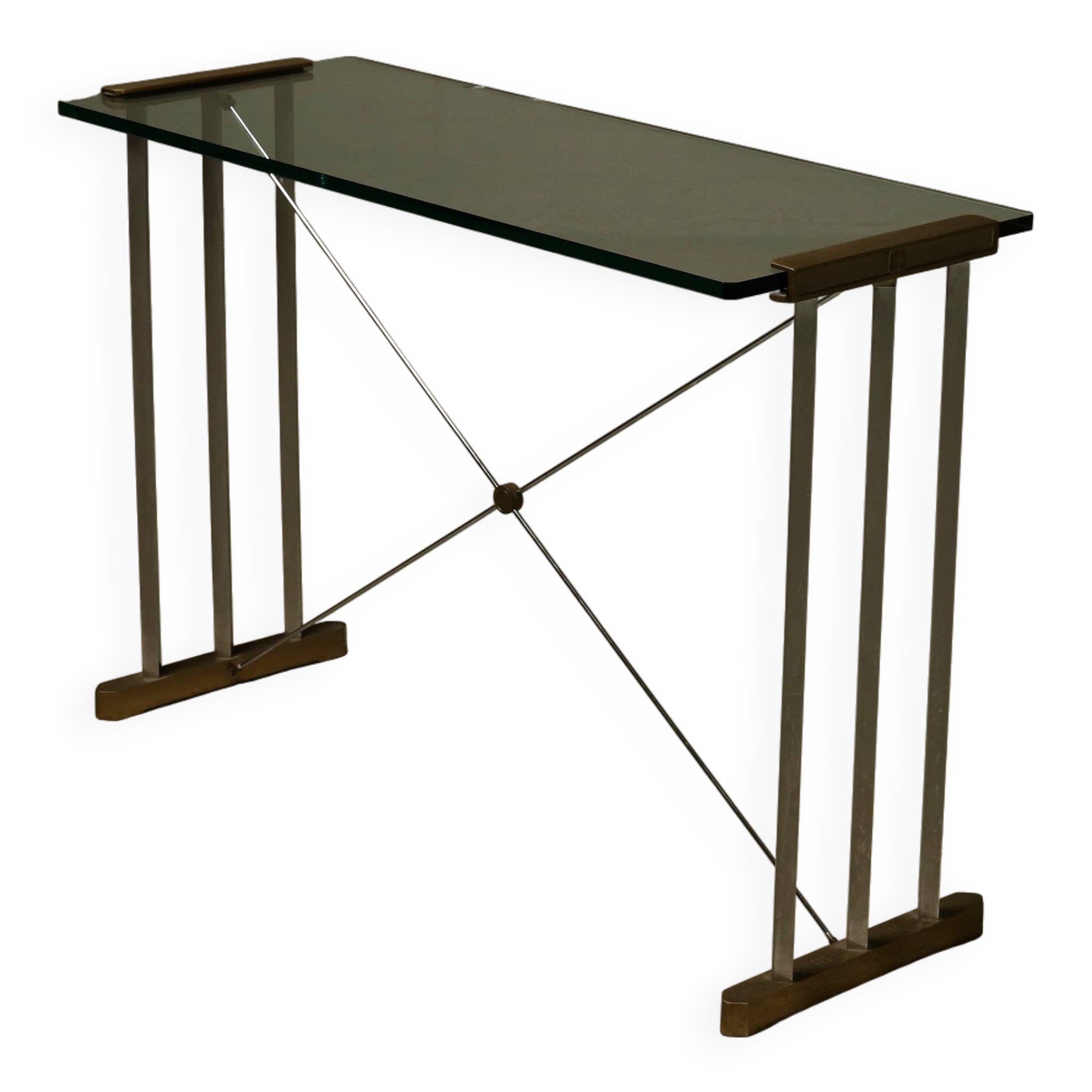 Table console en laiton, plateau en verre par Peter Ghyczy, années 1970