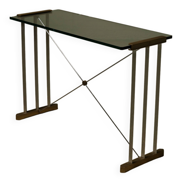 Table console en laiton, plateau en verre par Peter Ghyczy, années 1970