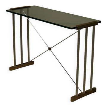 Table console en laiton, plateau en verre par Peter Ghyczy, années 1970