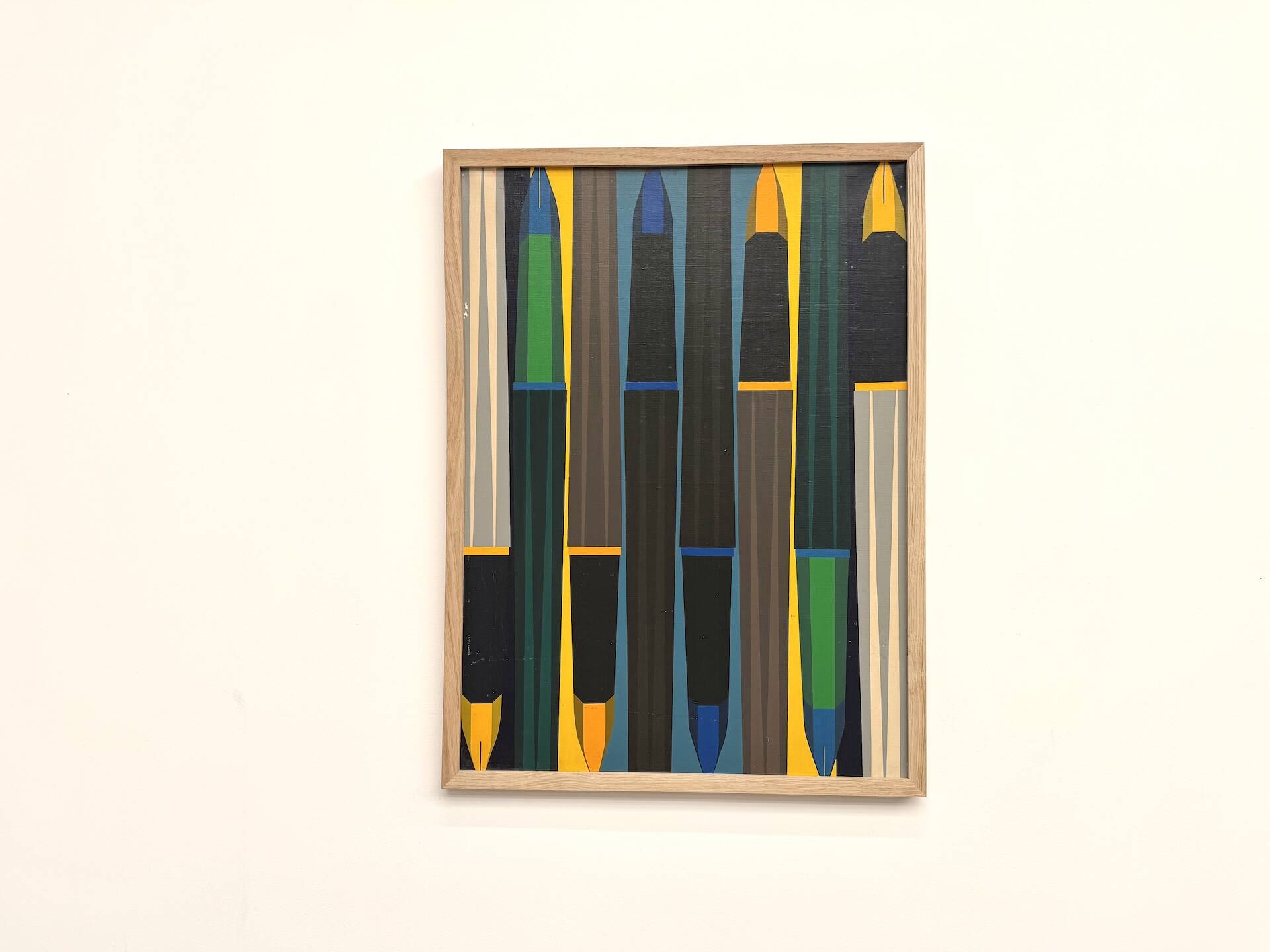 Peinture abstraite géométrique, huile sur toile encadrée chêne, années 1970