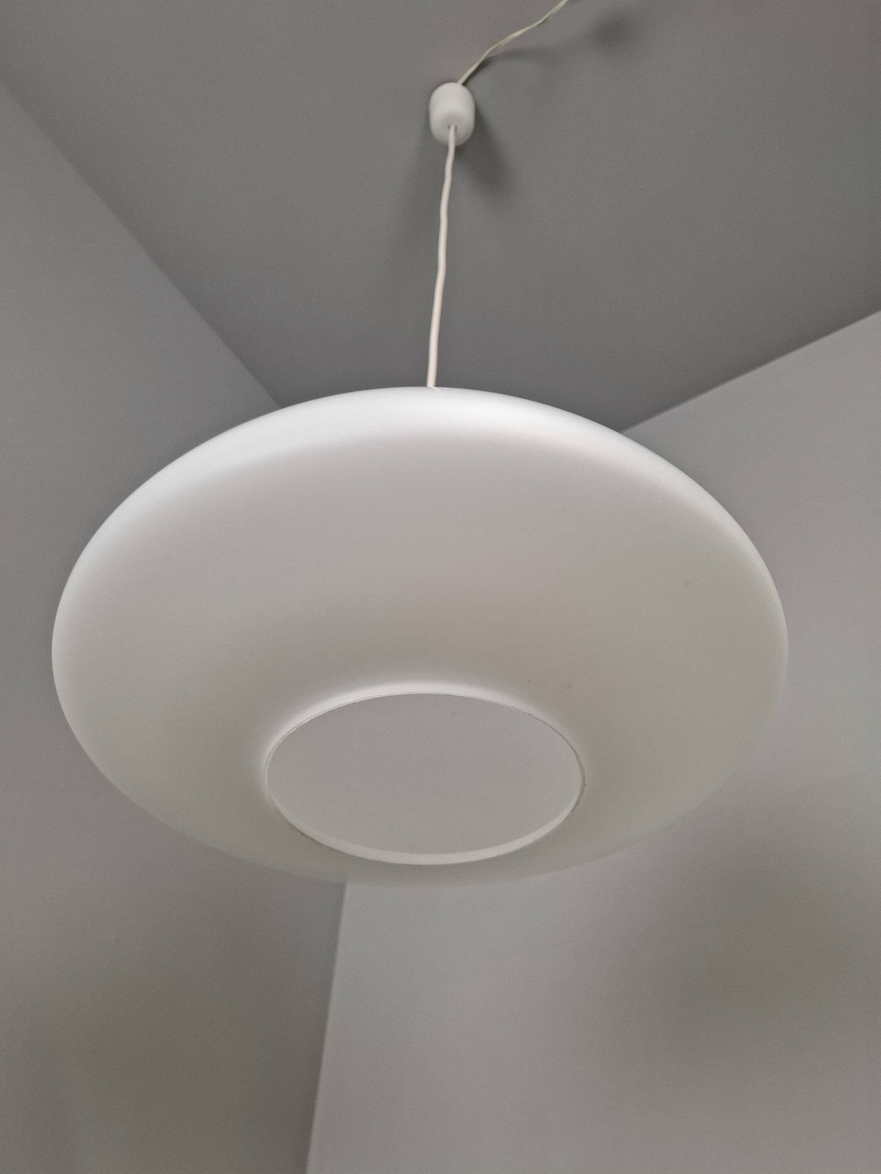 Czechoslovak Midcentury Modern Pendant Light in Opaline Glass and Plastic,