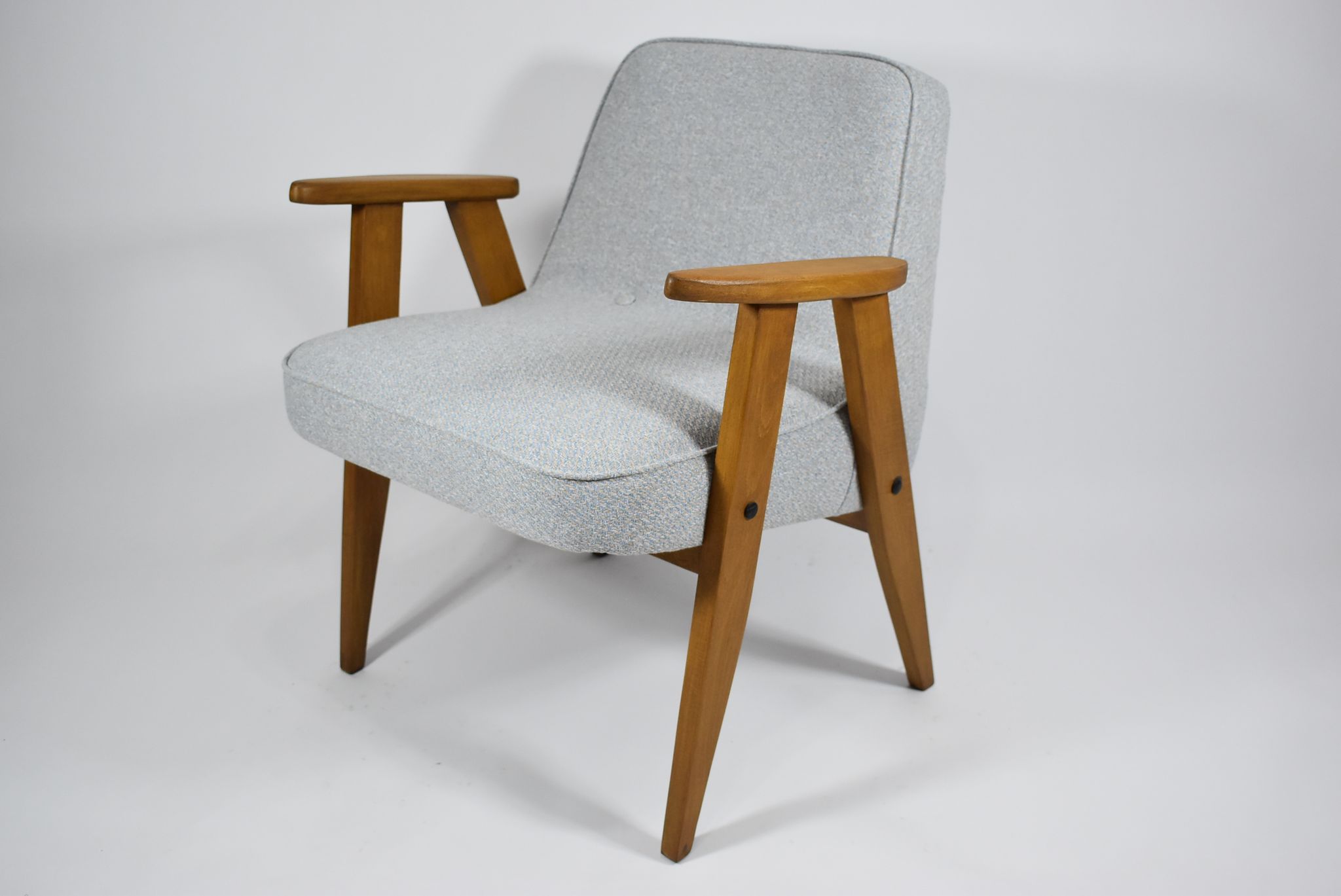 Vintage armchair model 366, fully renovated, designed by J. Chierowski, blue-grey fabric, teak wood
