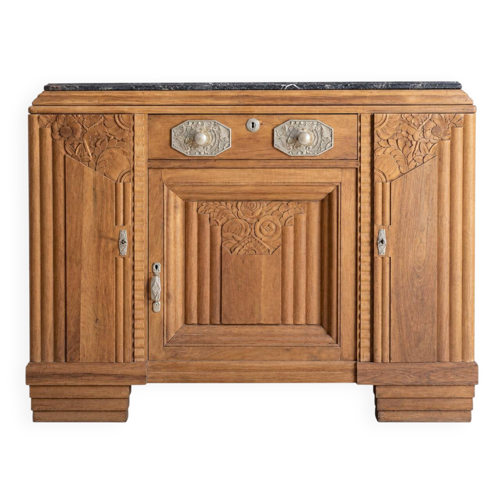 Art Deco sideboard in walnut • Black marble • Sculpted decorations