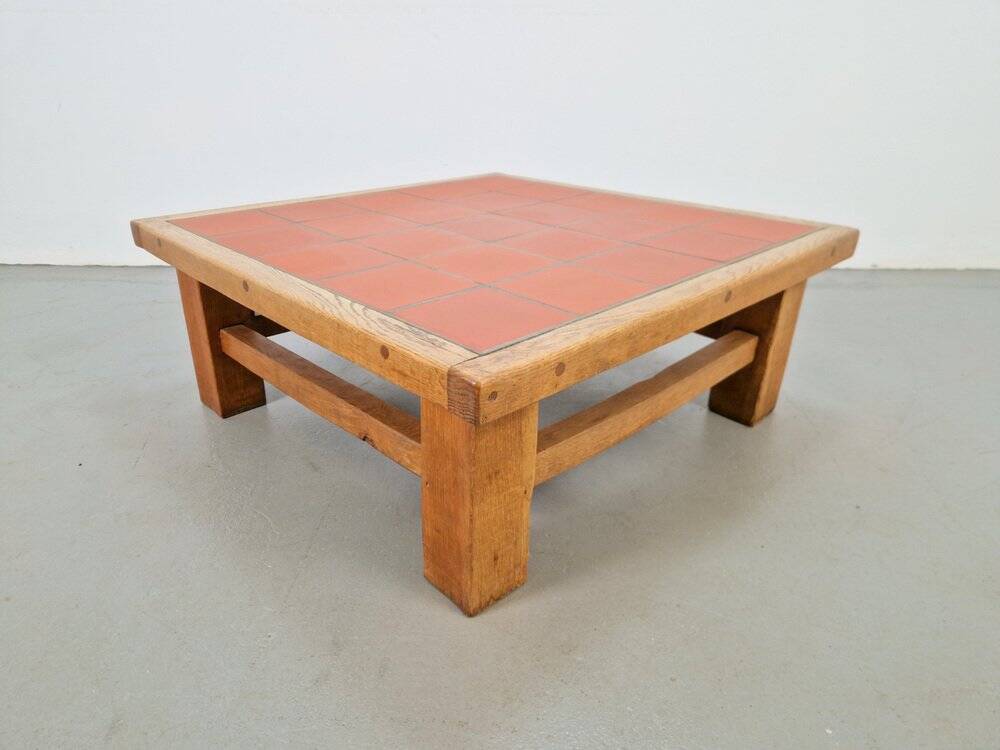 Brutalist Oak Coffee Table with Terracotta Tiles, 1950s