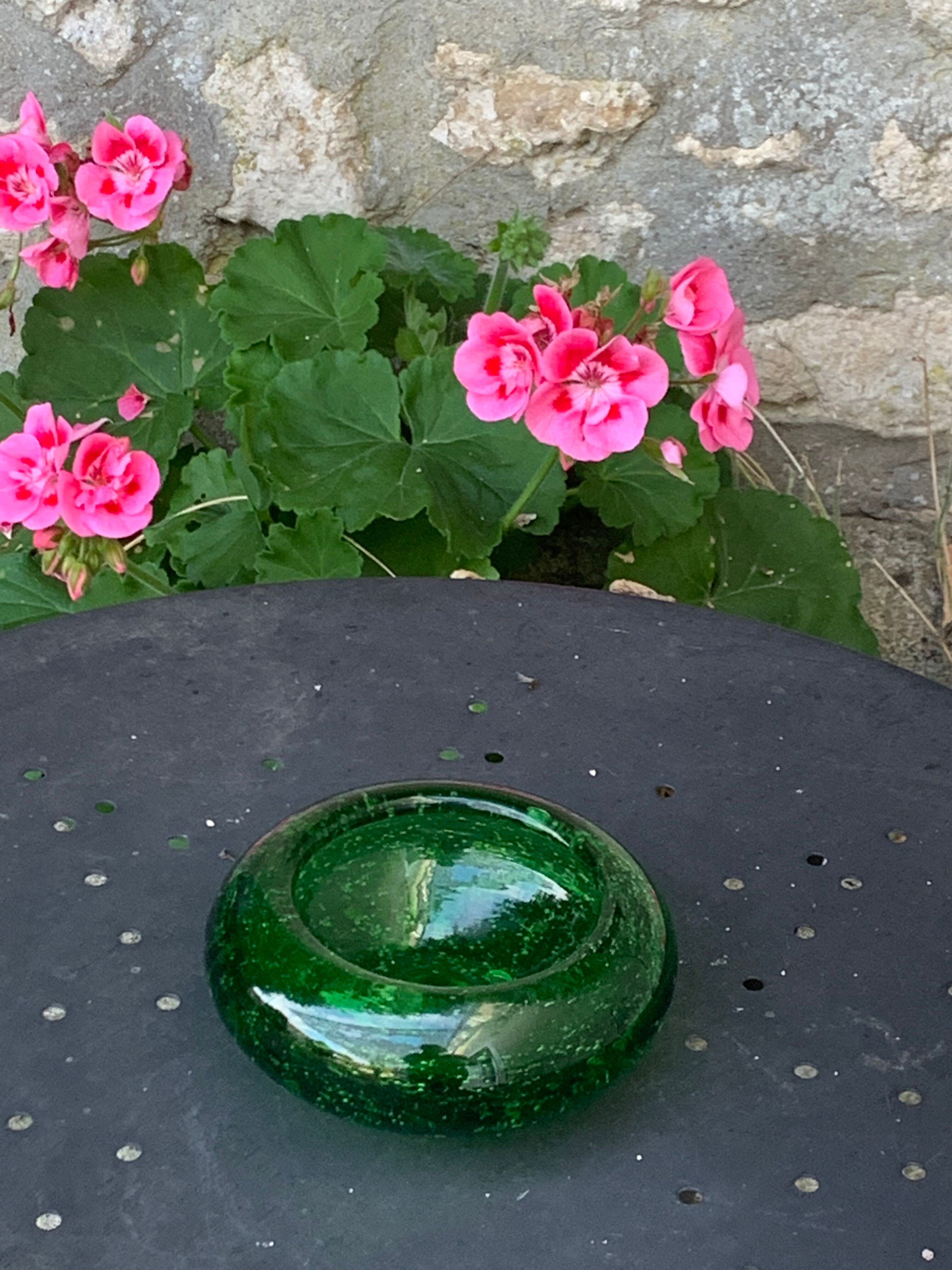 Organic glassware ashtray in signed and vintage green blown glass