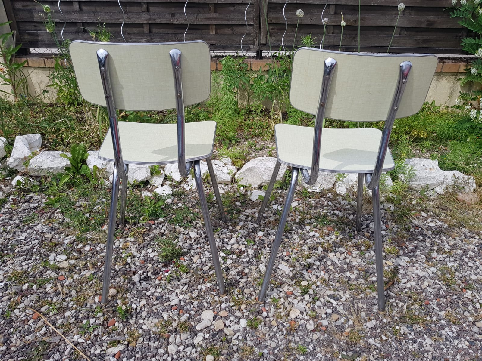 Pair plastilux chrome metal chair & formica + plate 50s vintage