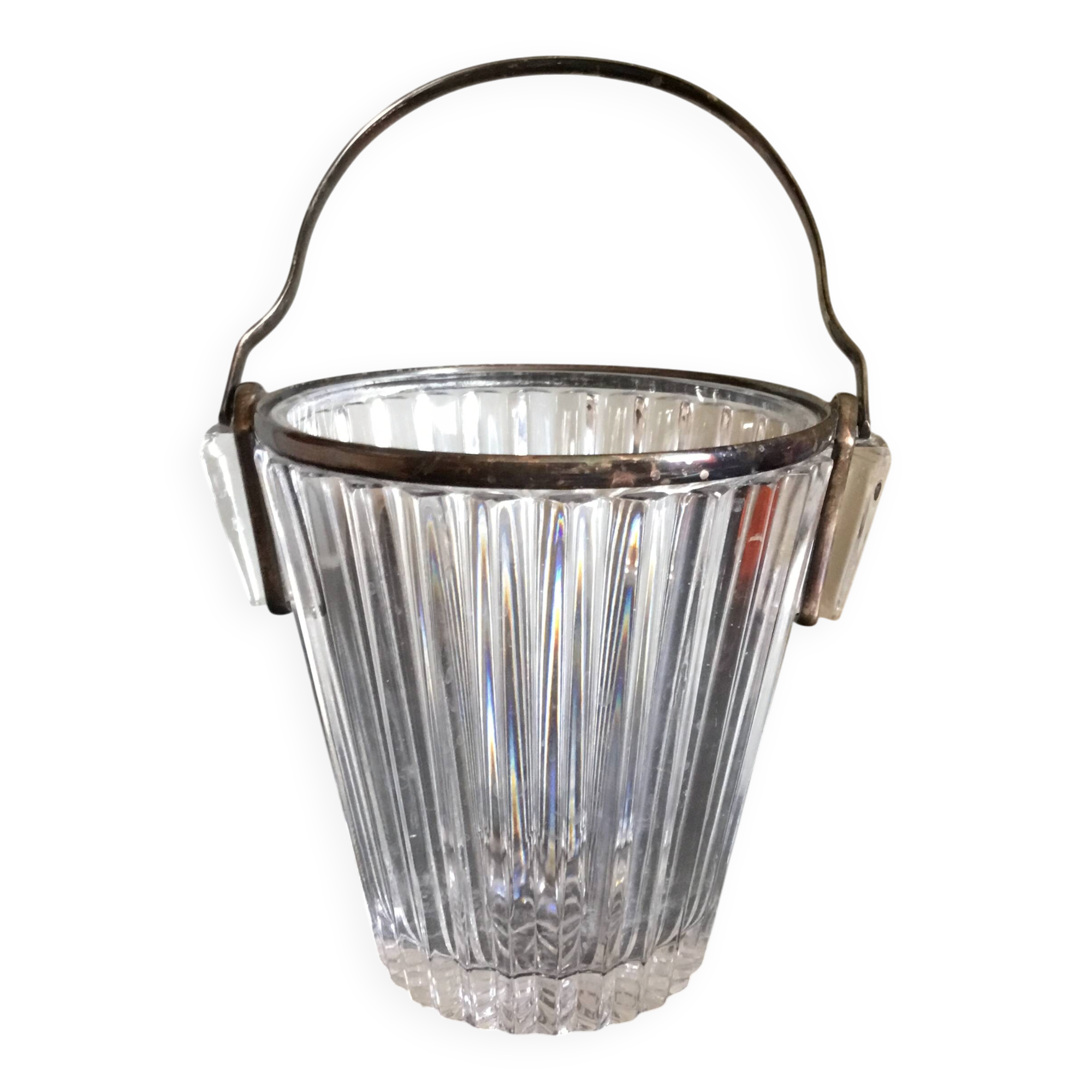 Crystal ice bucket with silver-plated handle