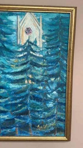 Mid-Century Oil on Canvas “Blue Trees” by Ag Liljardh– Vintage & Framed