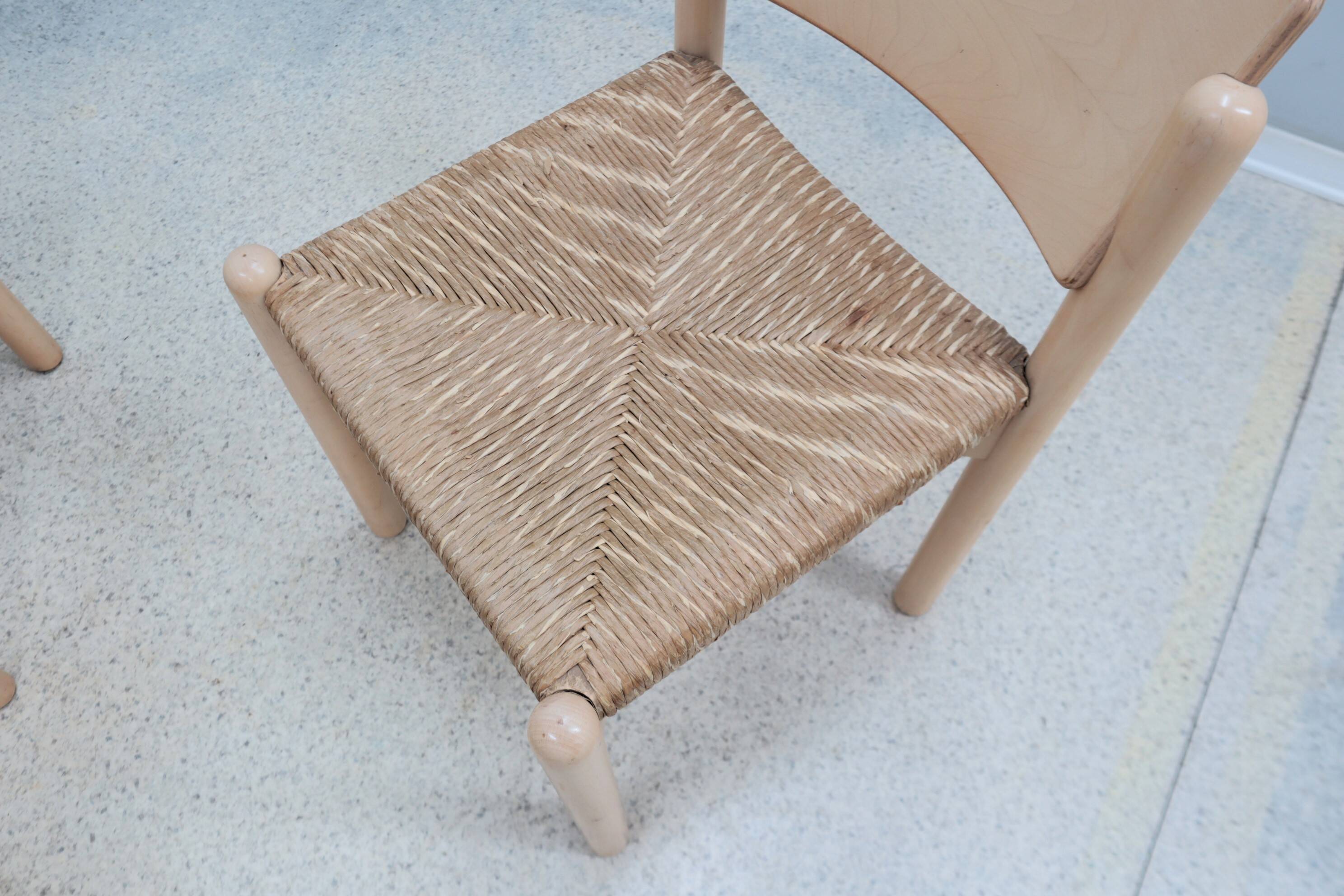 Vintage rustic dining chairs with straw seat 1970s