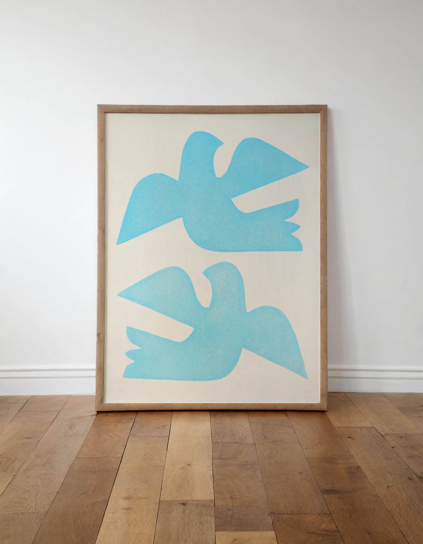 Birds bleus - grande peinture 50x70cm - tableau contemporain - signé eawy