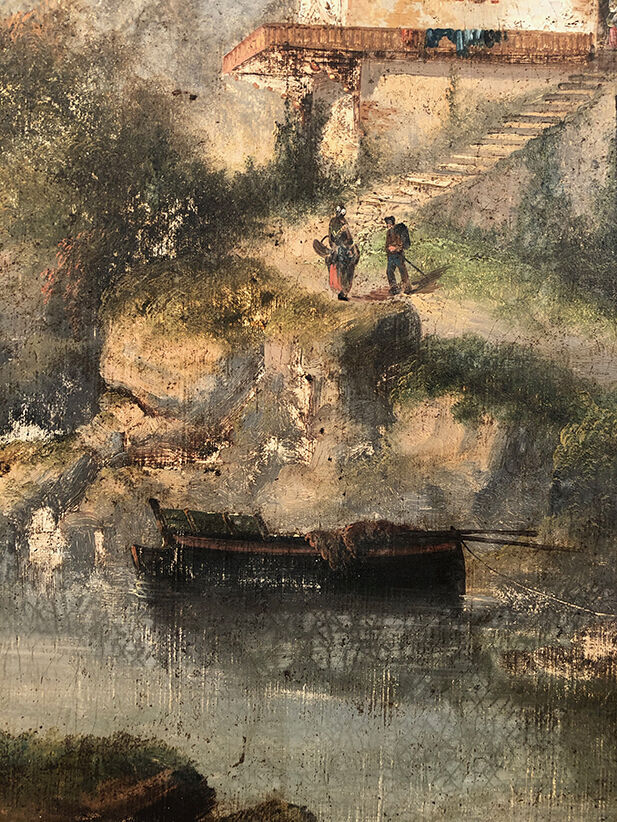 Trumeau decorated with a lively landscape, stuccoed and gilded frame 59x125cm