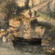 Trumeau decorated with a lively landscape, stuccoed and gilded frame 59x125cm