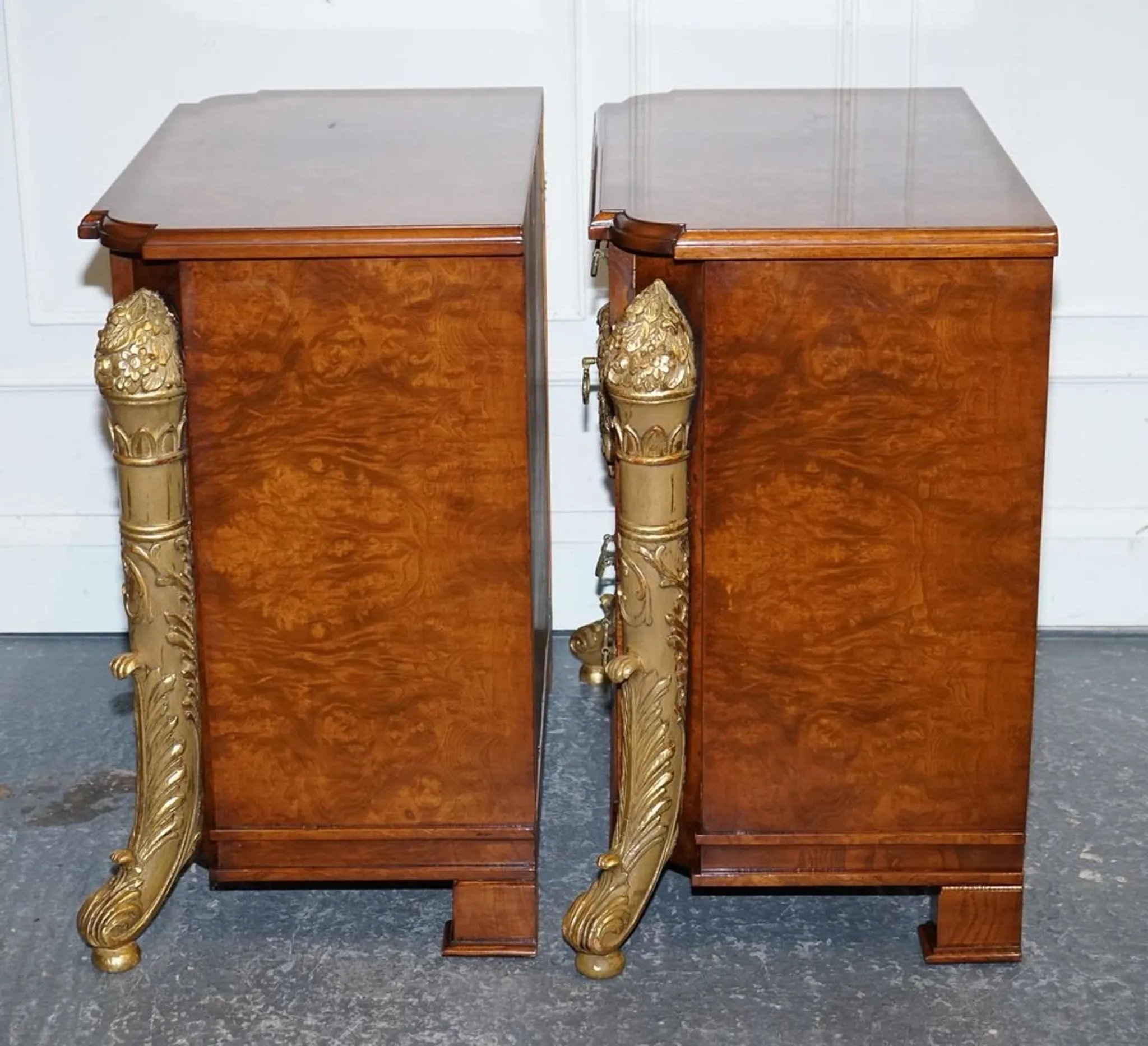 Empire Style Nightstands in Golden Walnut Burl, Set of 2