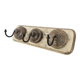 Antique teak coat rack with 3 wrought iron hooks