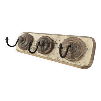Antique teak coat rack with 3 wrought iron hooks