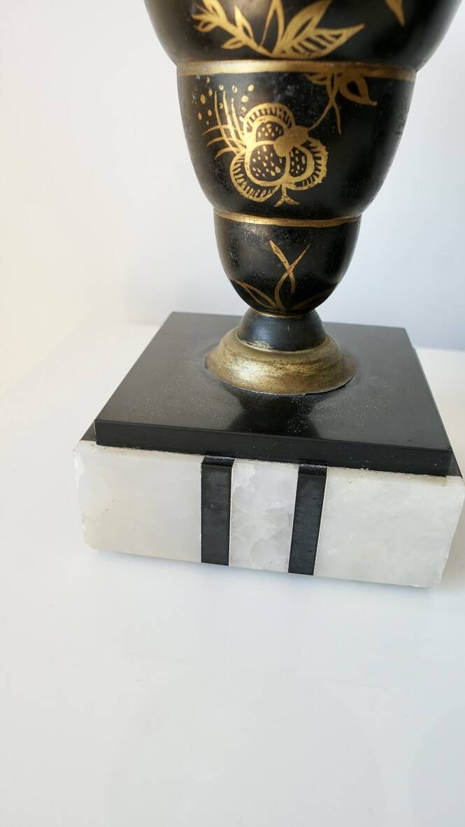 Pair of Art Deco enamelled brass casseroles, black and white marble base