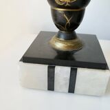 Pair of Art Deco enamelled brass casseroles, black and white marble base