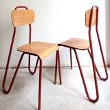 Rare pair of chairs in red tubular metal and wood  Vintage 1960