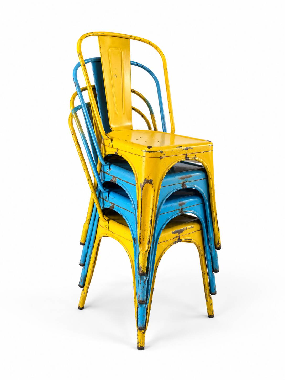 Set of 4 Tolix chairs, 2 yellow, 2 blue. 1960s edition.
