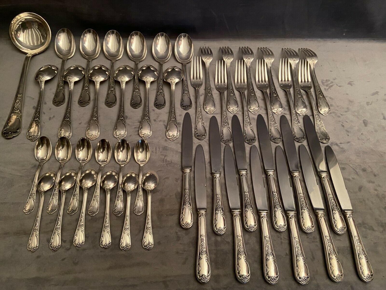 Cutlery set in silver metal style Louis XV Knives forks spoons