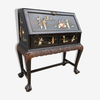 Bureau de pente avec décors asiatiques des années 1950