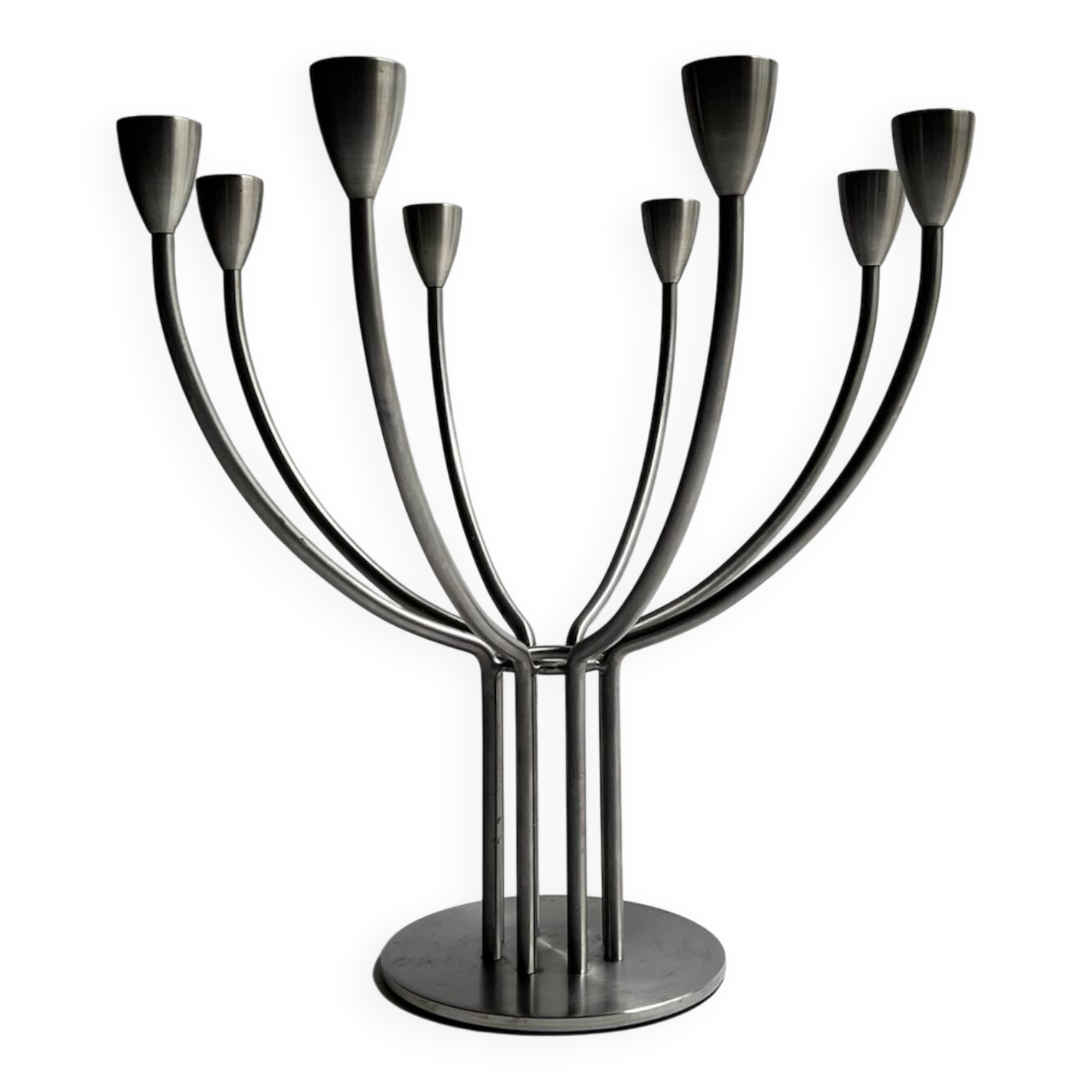 Large brushed metal candlestick with 8 candles, K. Hagberg design 1970