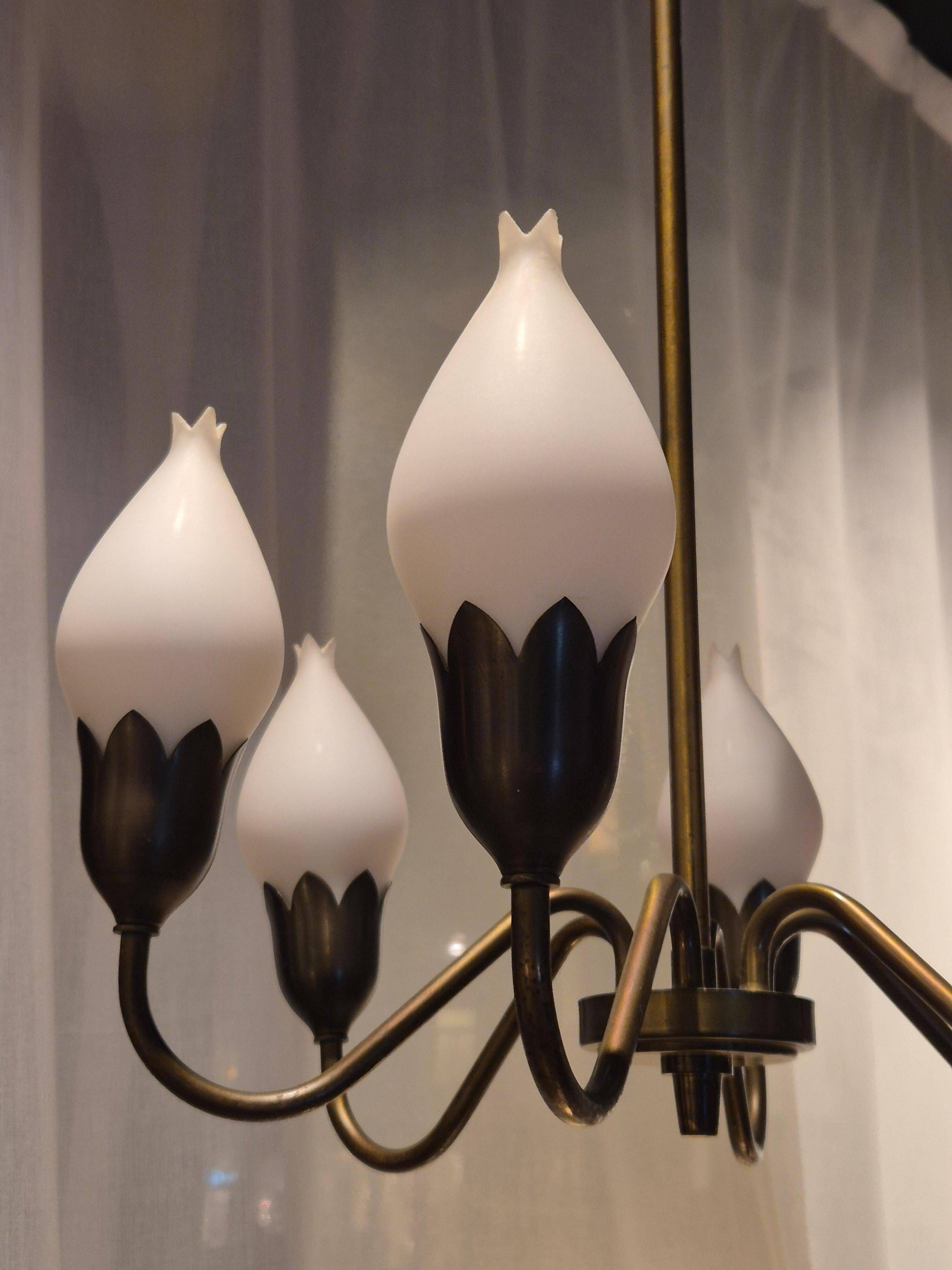 Lustre "Tulip" in brass and glass by Fog and Morup, Denmark.