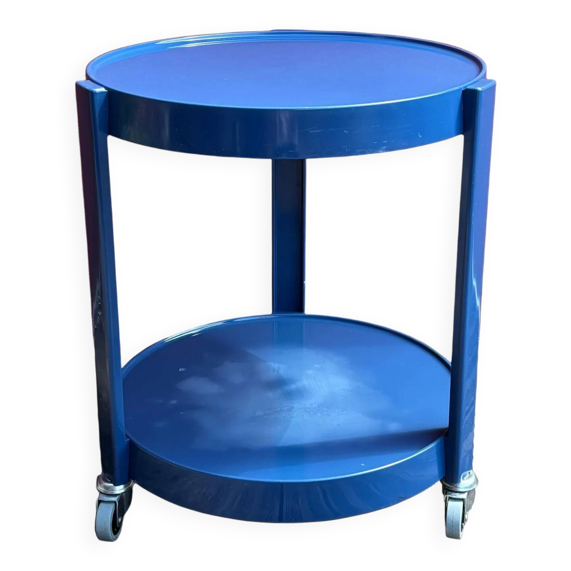 Space-age navy blue rolling dessert trolley