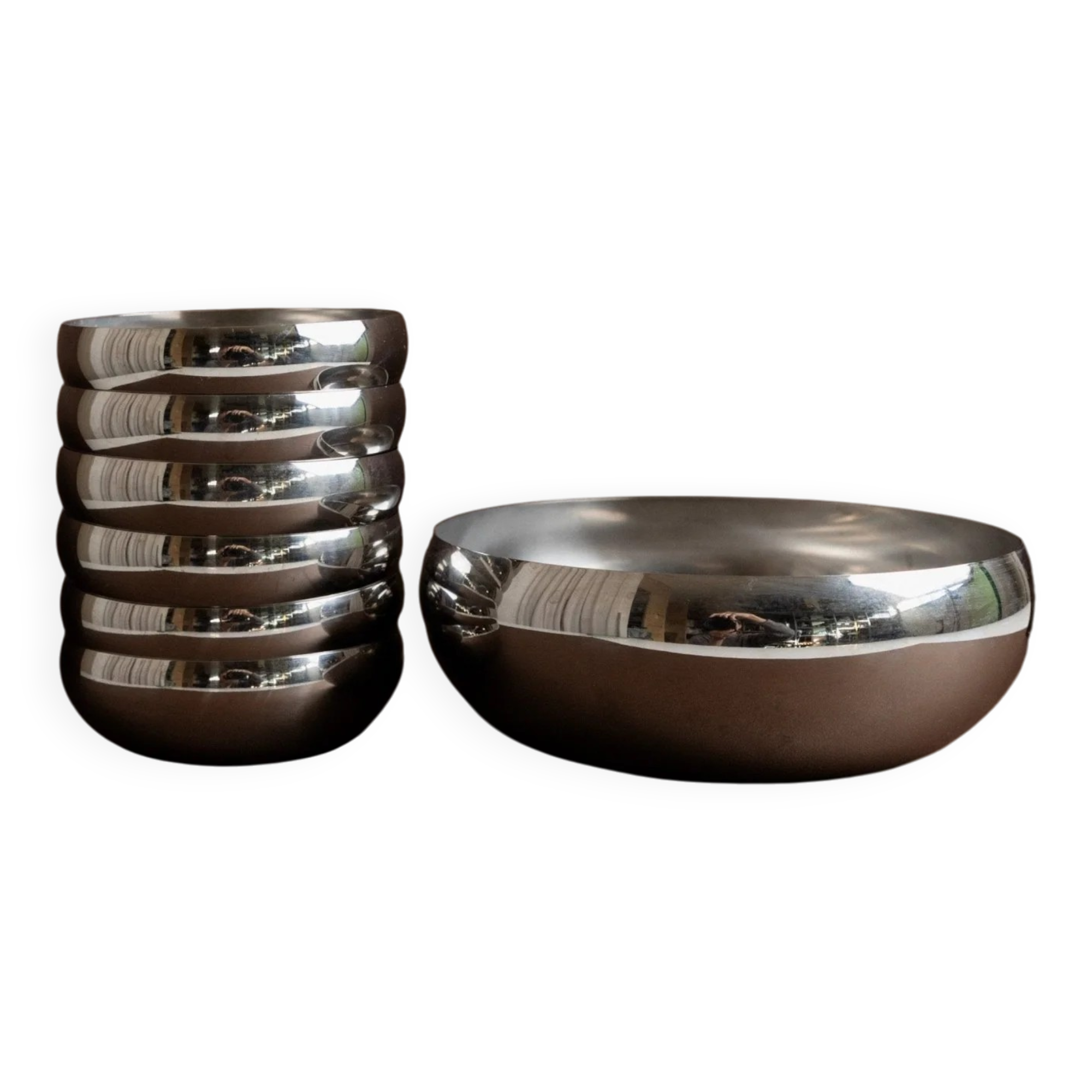 Set of 7 silver stainless steel bowls Space Age vintage Italian design stackable and elegant